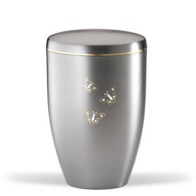 H6212SM ezüstszínű acél urna arany pillangó motívummal