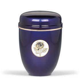   H821PC kobaltkék acél urna arany szalaggal és rózsa emblémával