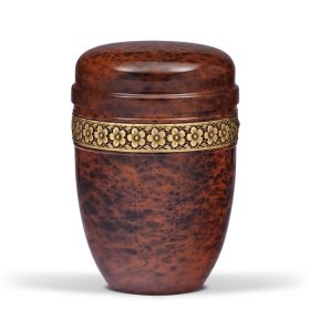 H832BL gyökérfa hatású acél urna arany díszített szalaggal