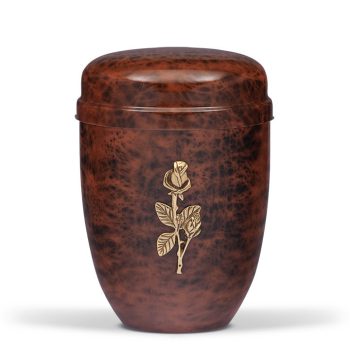 H832RO gyökérfa hatású acél urna arany rózsa motívummal