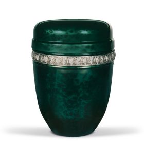   H834LB gyökérfa hatású acél urna moha zöld színben ezüst szalaggal