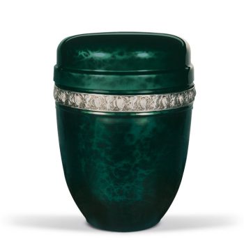   H834LB gyökérfa hatású acél urna moha zöld színben ezüst szalaggal
