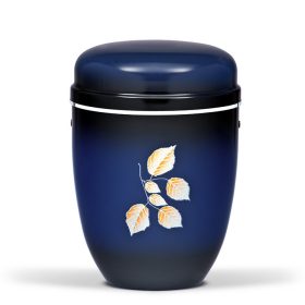 H865SBL kék acél urna ezüst szalag és levél mintával