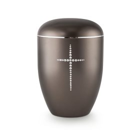V-1516 Edition Karat csokoládébarna biológiailag lebomló urna Swarovski kristályos keresztmotívummal emlékerdőbe és urnafalba