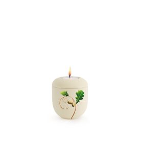 V-P2027L Edition Classic krémszínű porcelán urnamécses tölgylevél motívummal hamvak egy részének otthoni megőrzésére